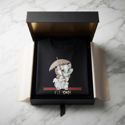 Cute Kitten with Luxury Monogram Umbrella Graphic T-Shirt - Unisex Premium Cotton Streetwear Tee (Black, Blue | XS to 4XL)