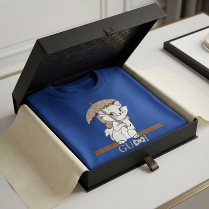 Cute Kitten with Luxury Monogram Umbrella Graphic T-Shirt - Unisex Premium Cotton Streetwear Tee (Black, Blue | XS to 4XL)
