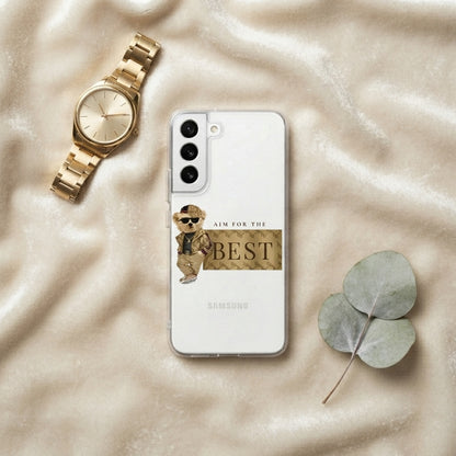 Clear Samsung Galaxy Case – Stylish Teddy Bear "Aim For The Best" Graphic Cover