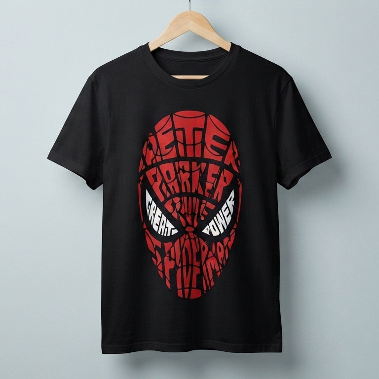 Peter Parker Typography Mask Graphic Tee – Superhero Streetwear T-Shirt