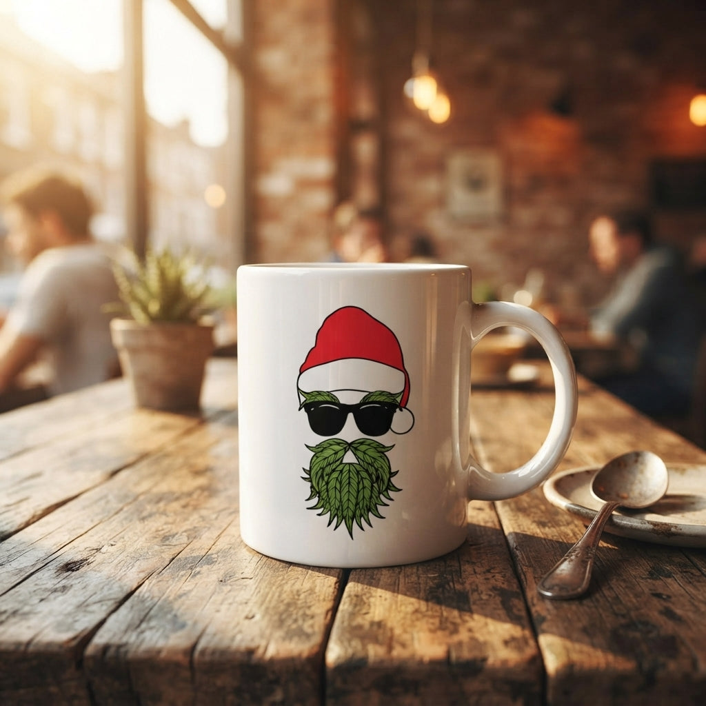 Cool Santa Sunglasses Leaf Beard Christmas Coffee Mug 11oz - White Ceramic Tea Cup