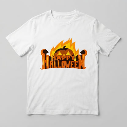 Fiery Happy Halloween T-Shirt – Flaming Pumpkin Spooky Graphic Tee