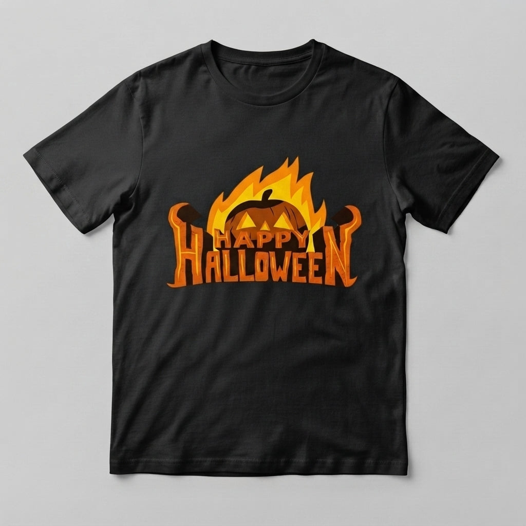 Fiery Happy Halloween T-Shirt – Flaming Pumpkin Spooky Graphic Tee