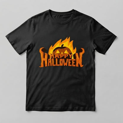 Fiery Happy Halloween T-Shirt – Flaming Pumpkin Spooky Graphic Tee