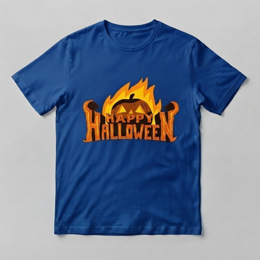 Fiery Happy Halloween T-Shirt – Flaming Pumpkin Spooky Graphic Tee