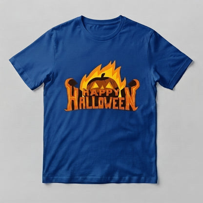 Fiery Happy Halloween T-Shirt – Flaming Pumpkin Spooky Graphic Tee