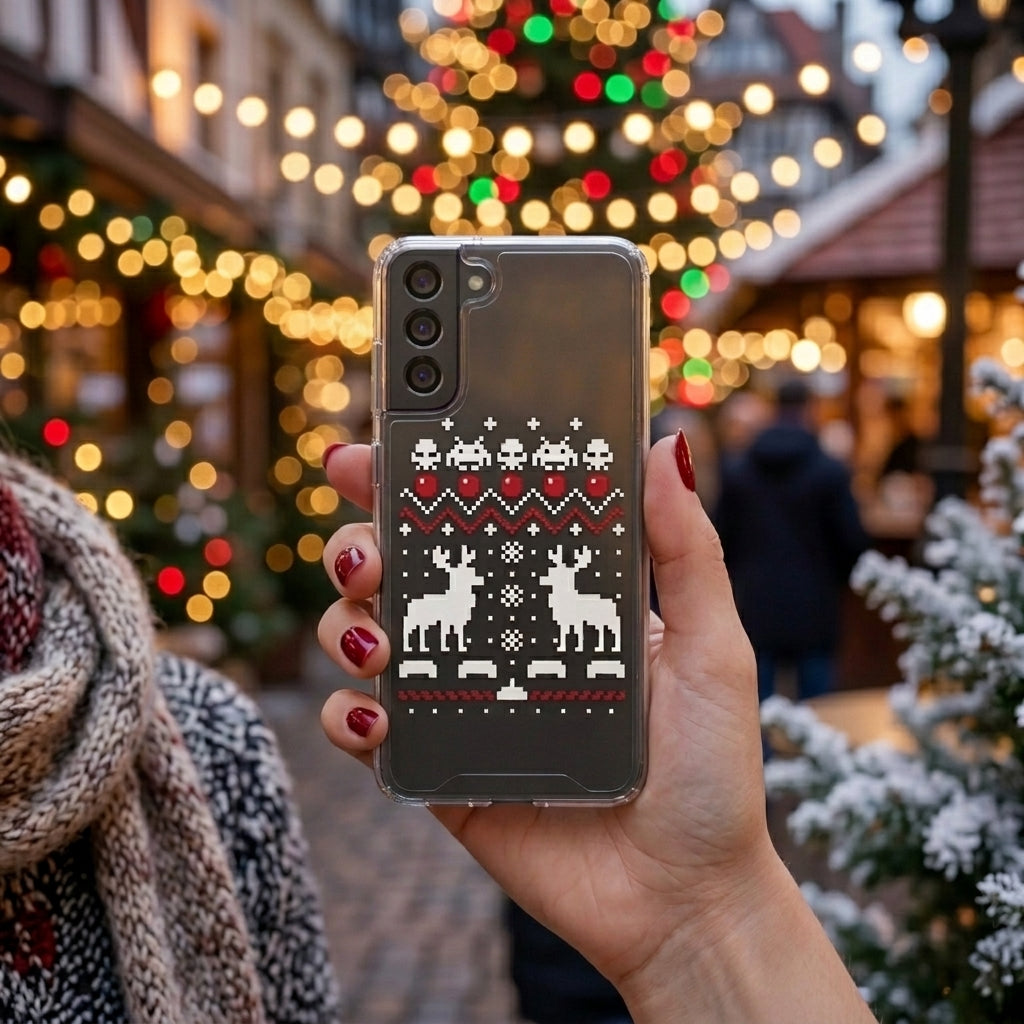 Pixel Retro Arcade Ugly Sweater Christmas Clear Case for Samsung Galaxy | Holiday Phone Cover