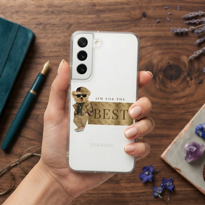 Clear Samsung Galaxy Case – Stylish Teddy Bear "Aim For The Best" Graphic Cover