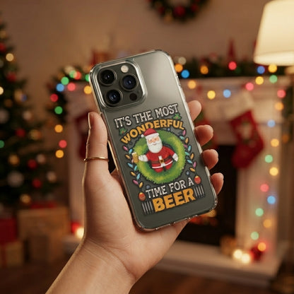 Most Wonderful Time For A Beer Santa Clear Case for iPhone | Funny Christmas Drinking Phone Cover