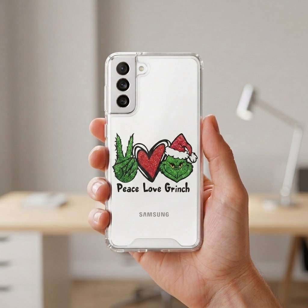 Peace Love Grinch Christmas Clear Case for Samsung Galaxy | Holiday Phone Cover