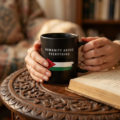 Humanity Above Everything Palestinian Flag Brushstroke Black Ceramic Coffee Mug - Meaningful Humanitarian Graphic Drinkware Cup (11oz)
