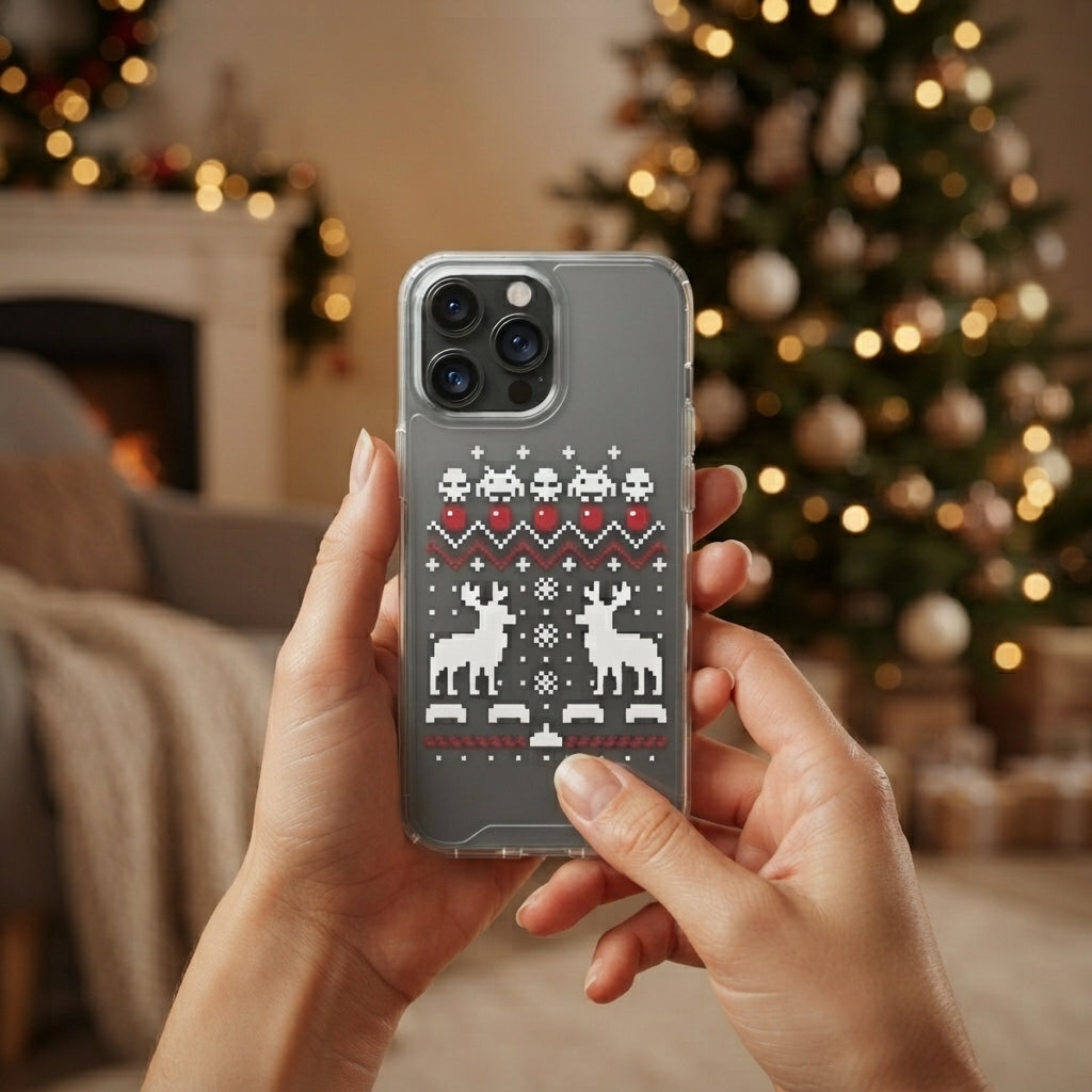 Ugly Christmas Sweater Pixel Art Reindeer Clear Case for iPhone | Retro Gamer Holiday Cover