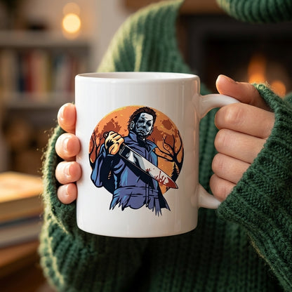 Michael Myers Bloody Knife Full Moon Halloween Graphic White Ceramic Mug - Spooky Slasher Horror Coffee Cup (11oz)