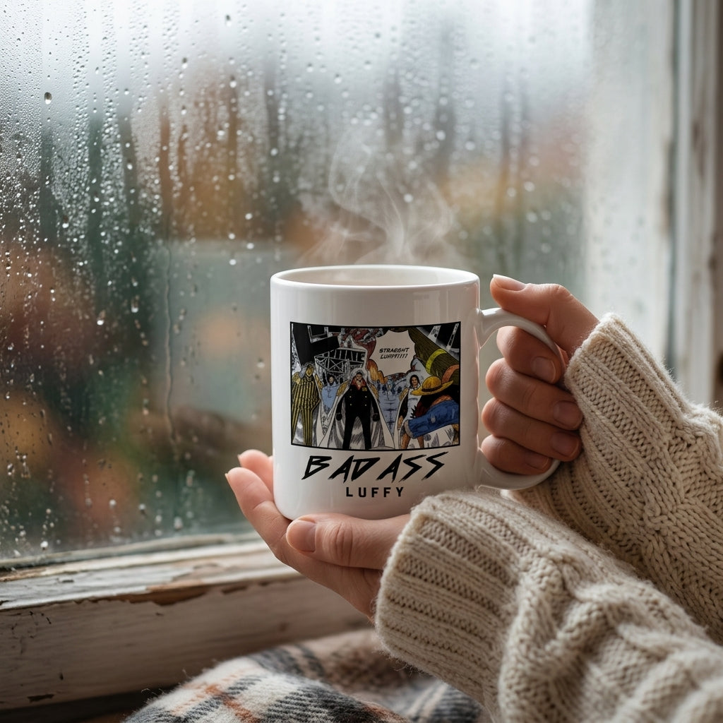 One Piece Badass Luffy Marineford Manga Panel White Ceramic Mug - Anime Straw Hat Pirates Coffee Cup (11oz)