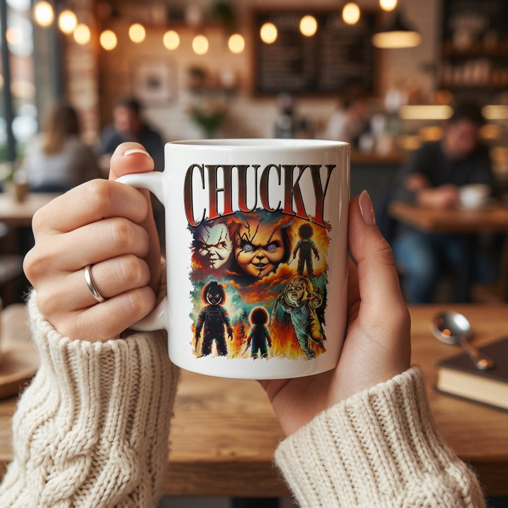 Chucky Child's Play Vintage Horror Movie Collage White Ceramic Mug - Spooky Killer Doll Halloween Coffee Cup (11oz)