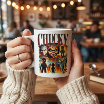 Chucky Child's Play Vintage Horror Movie Collage White Ceramic Mug - Spooky Killer Doll Halloween Coffee Cup (11oz)