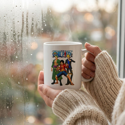 One Piece Monster Trio Luffy Zoro Sanji Graphic White Ceramic Mug - Straw Hat Pirates Anime Coffee Cup (11oz)