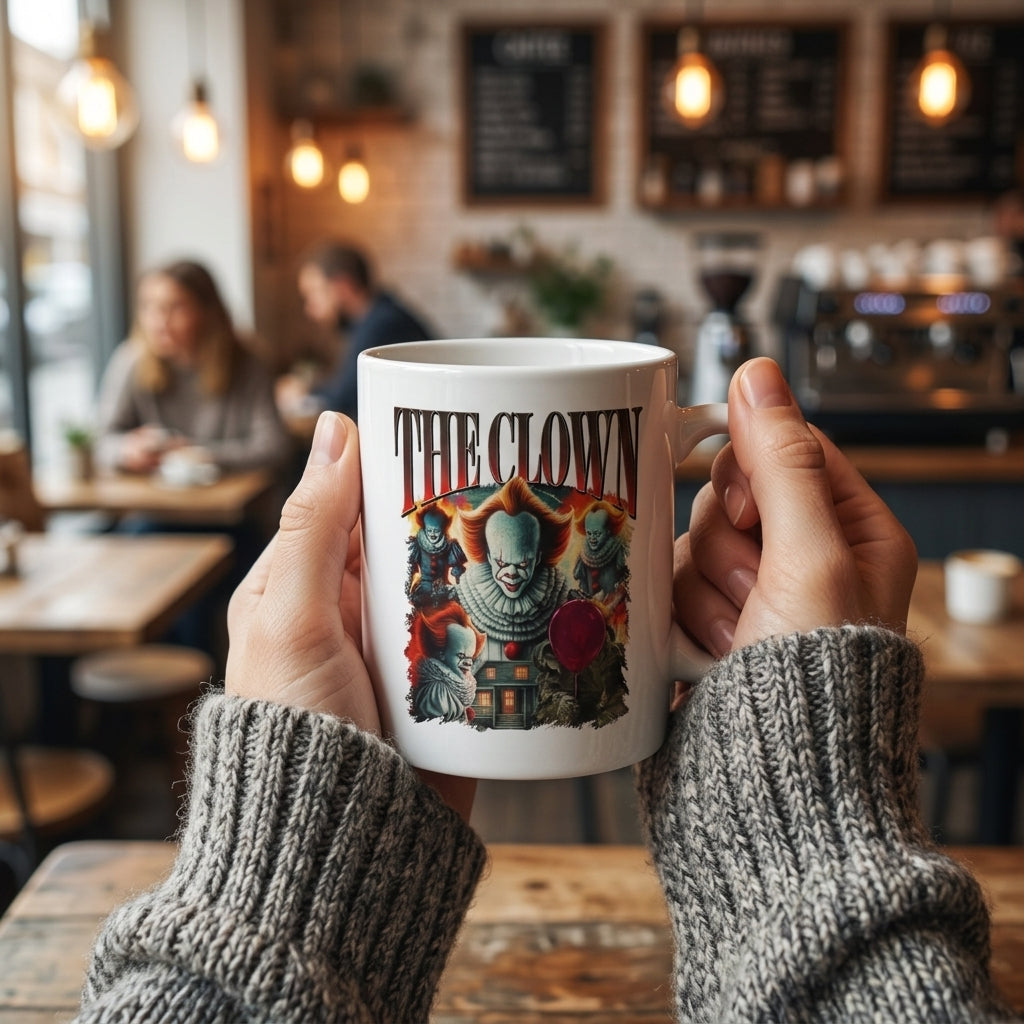 Pennywise The Clown Vintage Horror Movie Collage White Ceramic Mug - Spooky Halloween IT Chapter Coffee Cup (11oz)