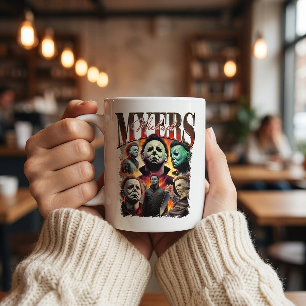 Michael Myers Vintage Bootleg Rap-Style Horror Collage White Ceramic Mug - Spooky Slasher Halloween Coffee Cup (11oz)