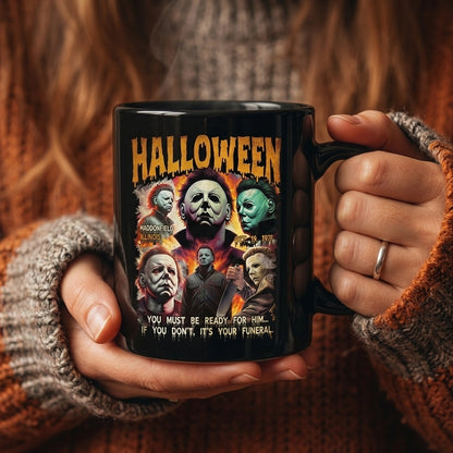 Halloween Michael Myers Classic Horror Movie Collage Black Ceramic Mug - Spooky Vintage Slasher Coffee Cup (11oz)