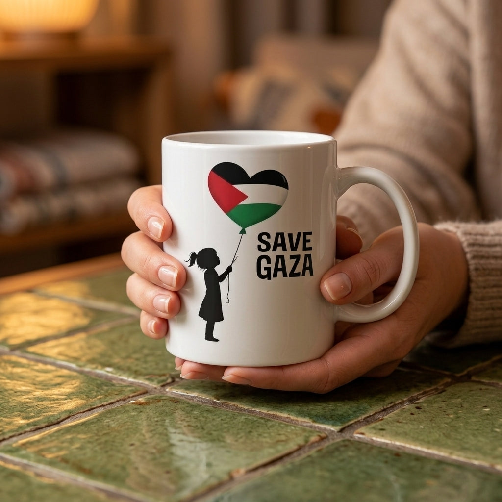 Save Gaza Girl with Palestine Heart Balloon White Ceramic Coffee Mug - Emotional Solidarity Graphic Drinkware Cup (11oz)