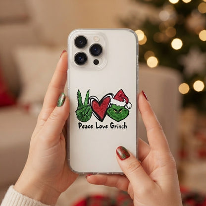 Peace Love Grinch Glitter Clear Case for iPhone | Funny Christmas Holiday Phone Cover