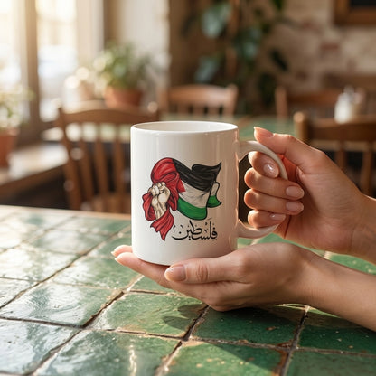 Palestinian Flag Raised Fist Art with Arabic Calligraphy White Ceramic Coffee Mug - Meaningful Solidarity Graphic Drinkware Cup (11oz)
