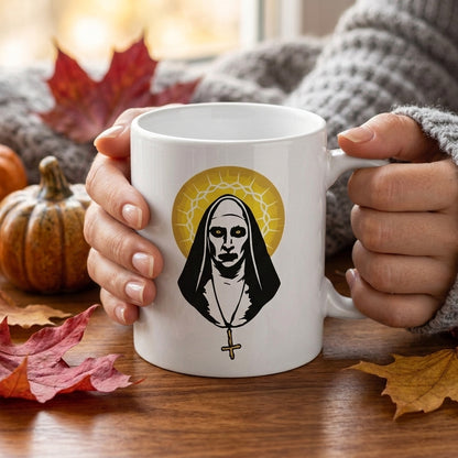 The Nun Valak Spooky Golden Halo Graphic White Ceramic Mug - Creepy Conjuring Horror Movie Coffee Cup (11oz)