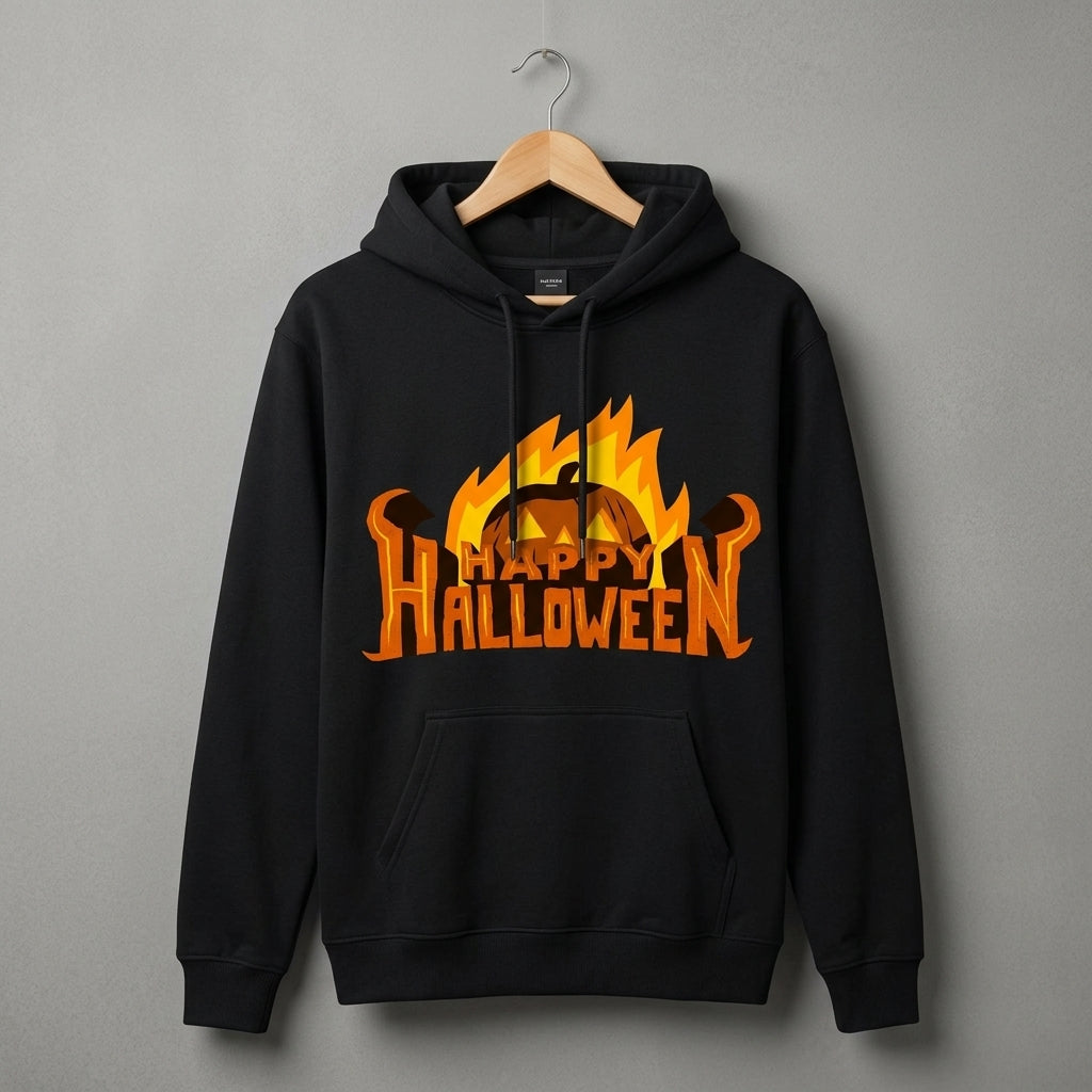 Happy Halloween Flaming Pumpkin Jack-O'-Lantern Graphic Pullover Hoodie