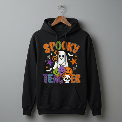 Spooky Teacher Ghost Pumpkins Retro Halloween Graphic Pullover Hoodie