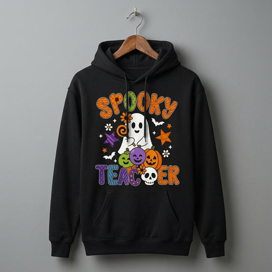 Spooky Teacher Ghost Pumpkins Retro Halloween Graphic Pullover Hoodie