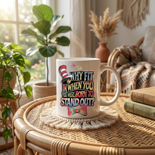 Autism Awareness Mug – "Why Fit In When You Were Born to Stand Out" Funny Coffee Mug, Inspirational Puzzle Piece Gift, 11oz Ceramic Cup