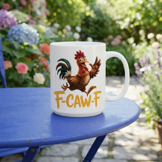 F-CAW-F Cheerful Rooster Mug – Playful Chicken Print Ceramic Coffee Cup, Quirky Kitchen Gift