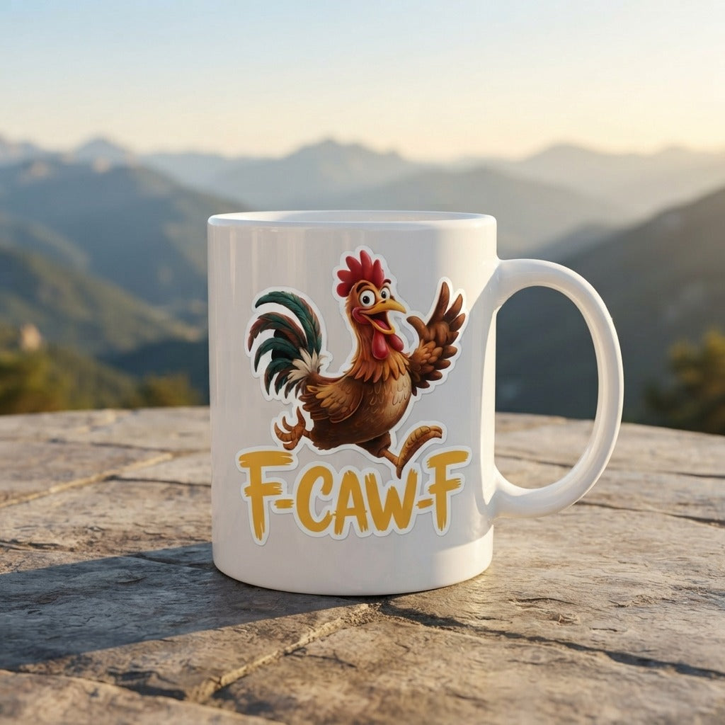 F-CAW-F Cheerful Rooster Mug – Playful Chicken Print Ceramic Coffee Cup, Quirky Kitchen Gift