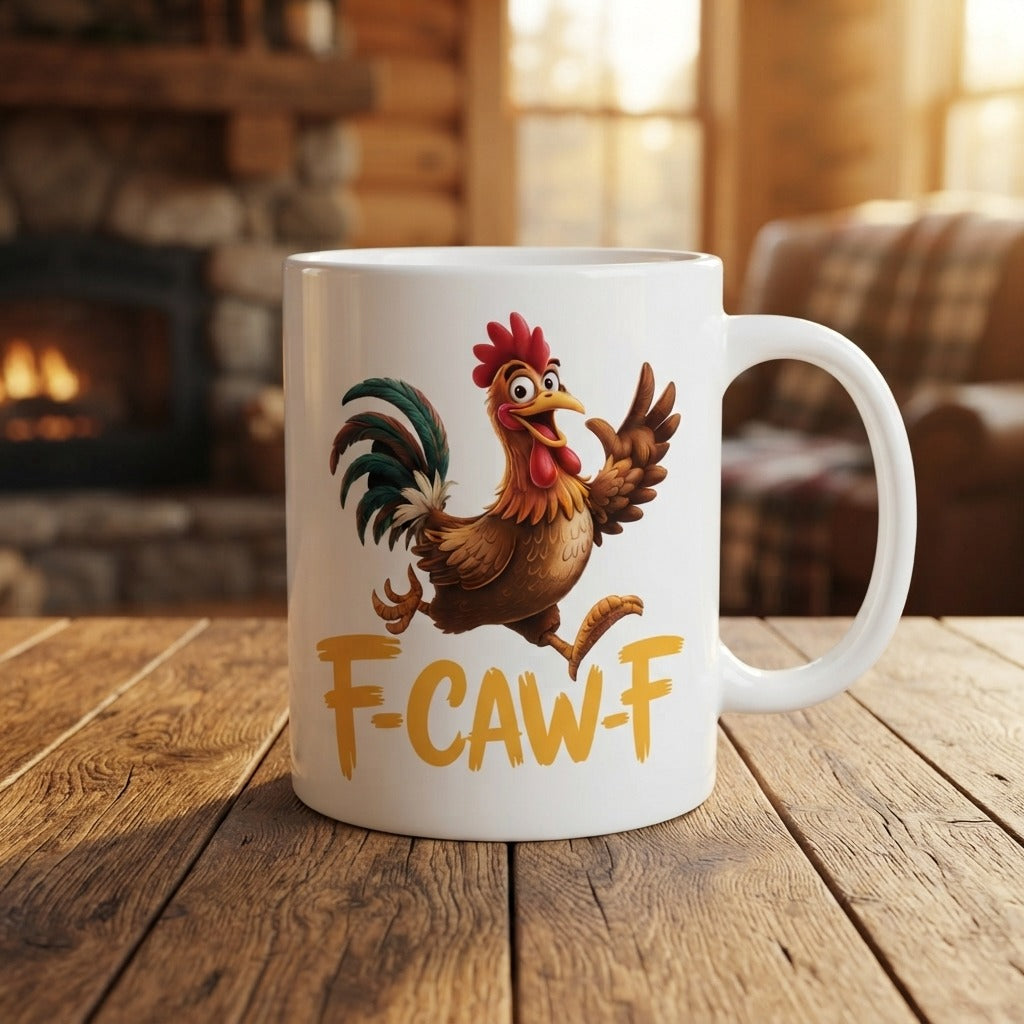 F-CAW-F Cheerful Rooster Mug – Playful Chicken Print Ceramic Coffee Cup, Quirky Kitchen Gift