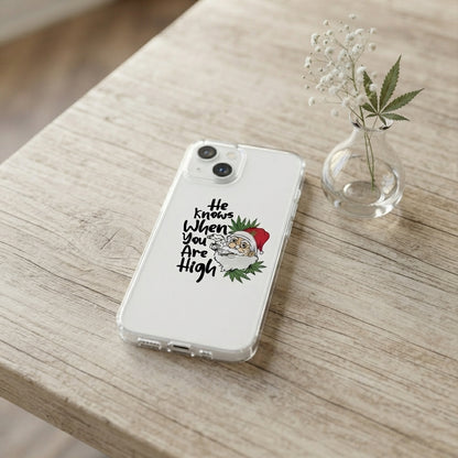 He Knows When You Are High Santa Graphic Clear Case Funny Christmas Holiday Protective Phone Cover for iPhone