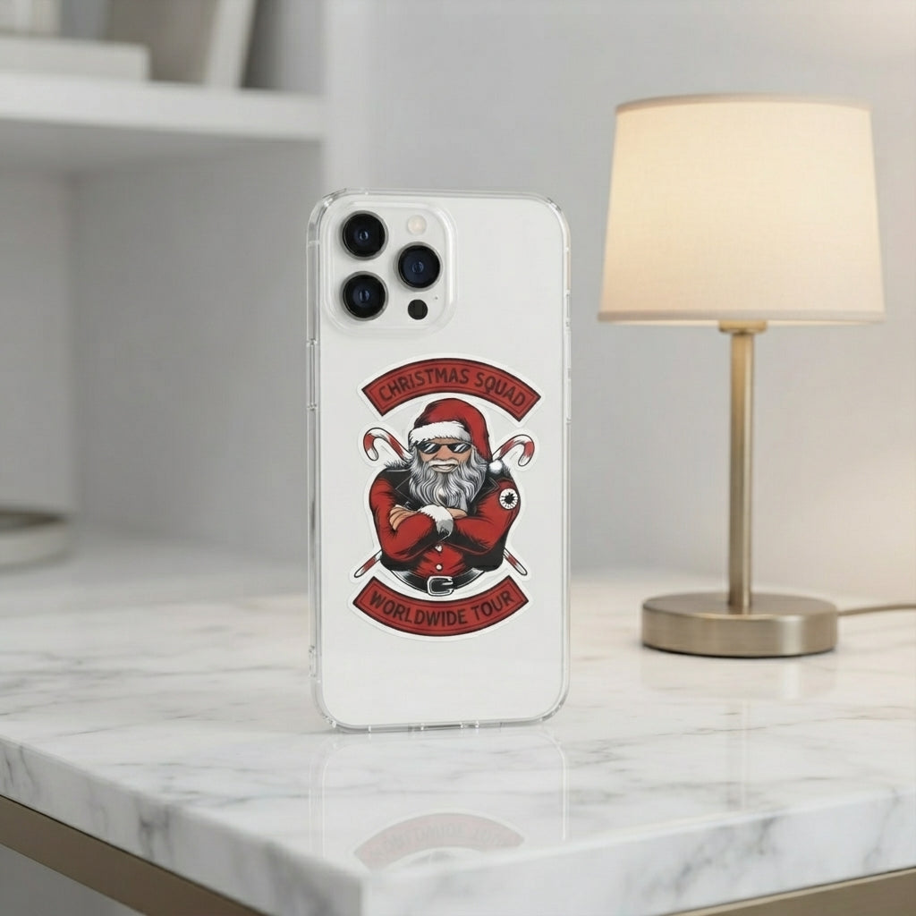 Christmas Squad Worldwide Tour Biker Santa Clear Case for iPhone | Cool Holiday Phone Cover
