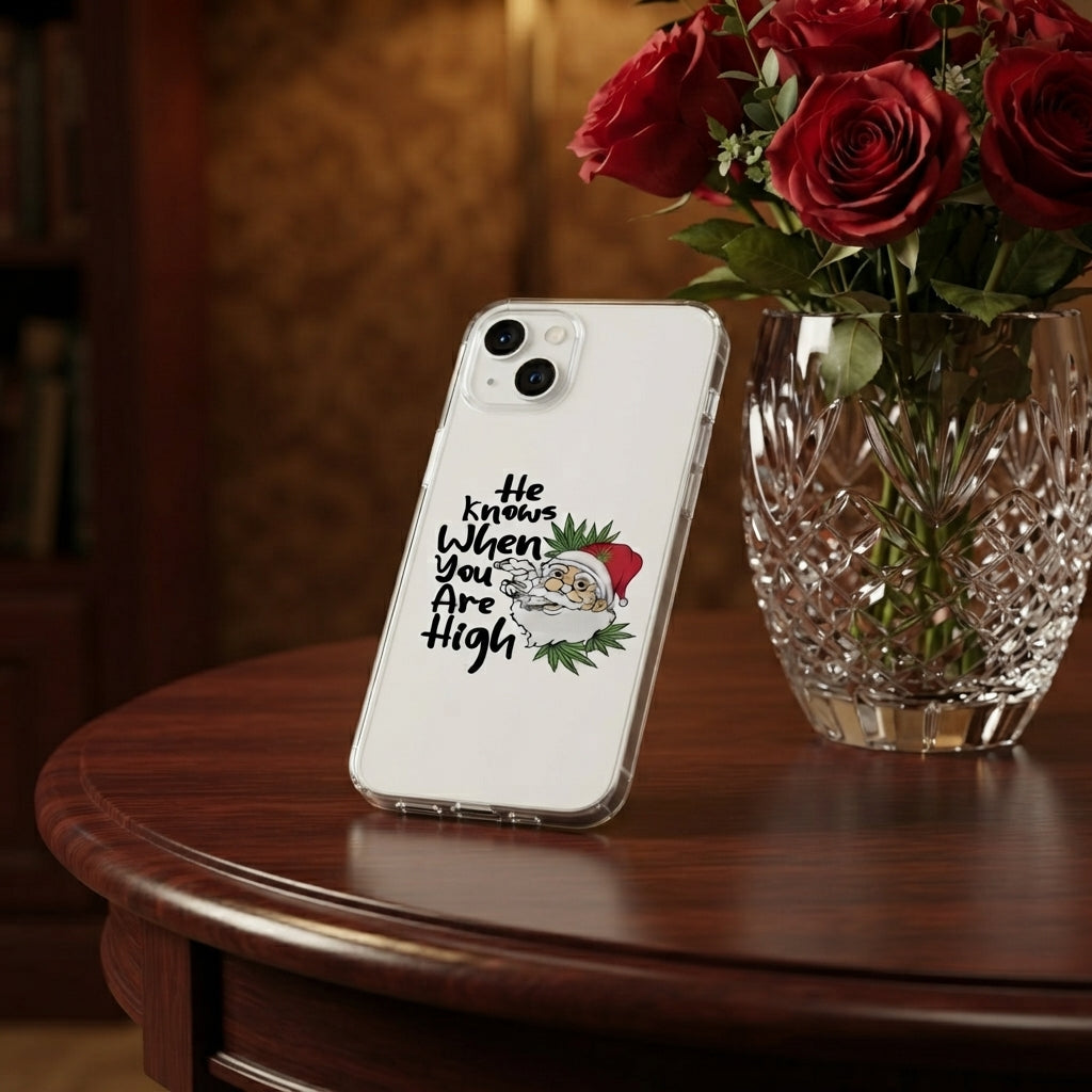 He Knows When You Are High Santa Graphic Clear Case Funny Christmas Holiday Protective Phone Cover for iPhone