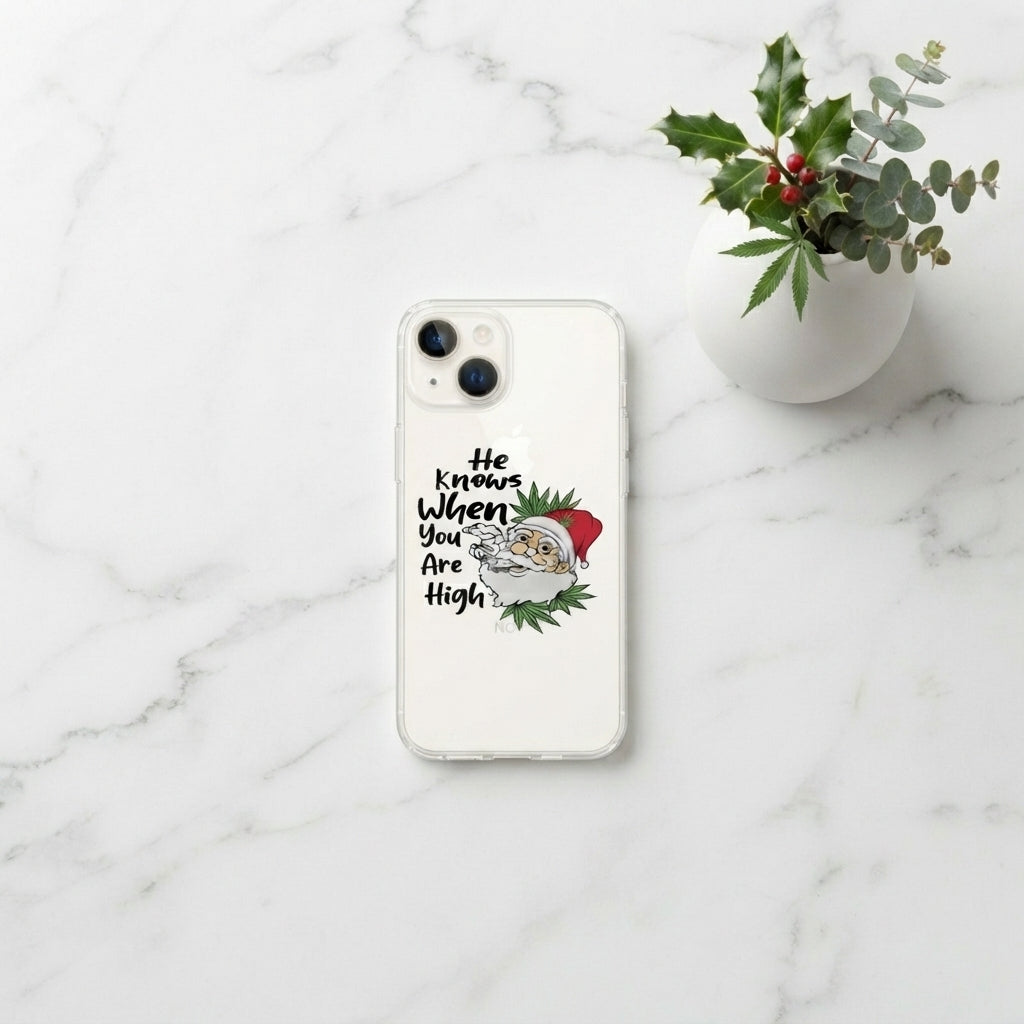 He Knows When You Are High Santa Graphic Clear Case Funny Christmas Holiday Protective Phone Cover for iPhone