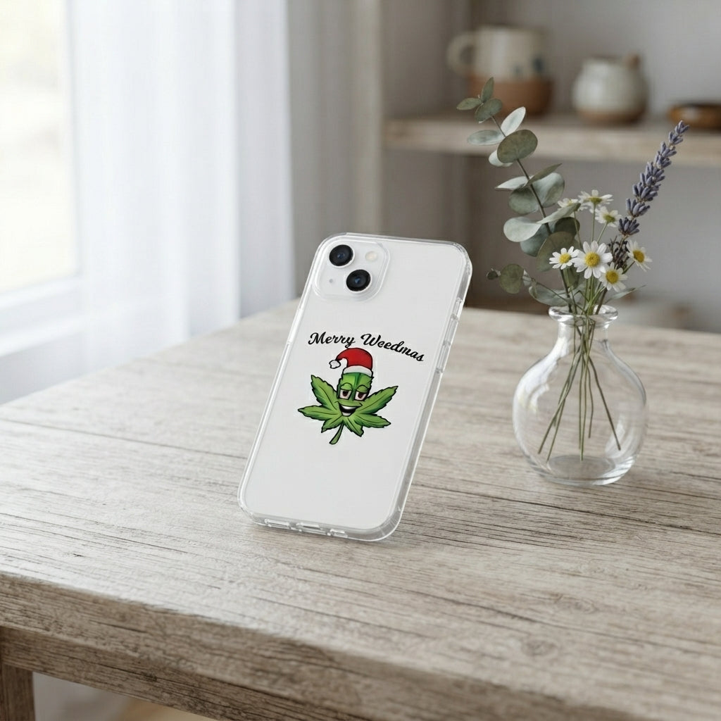 Merry Weedmas Santa Hat Leaf Graphic Clear Case Funny Christmas Holiday Protective Phone Cover for iPhone