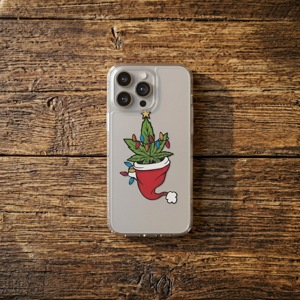 Festive Weed Christmas Tree Graphic Clear Case Funny Holiday Hat Leaf Protective Phone Cover for iPhone