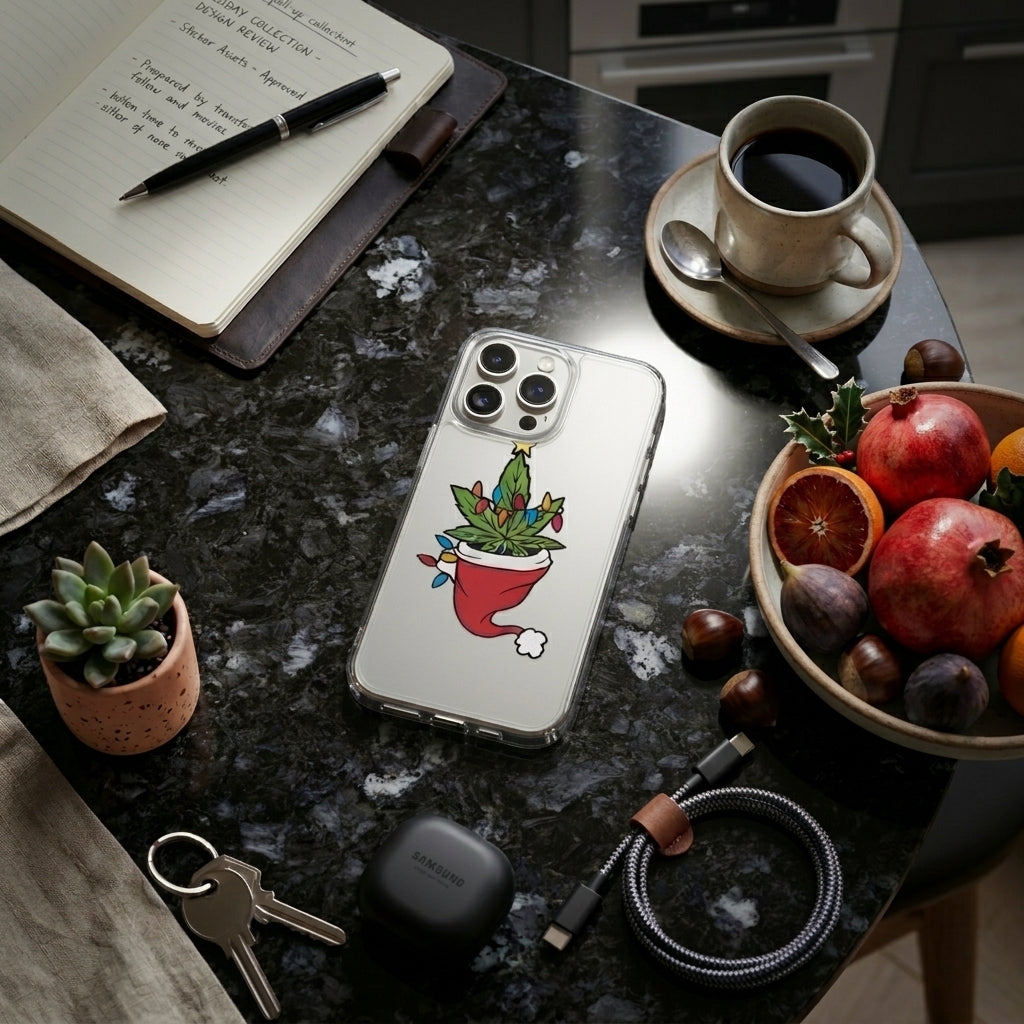 Festive Weed Christmas Tree Graphic Clear Case Funny Holiday Hat Leaf Protective Phone Cover for iPhone