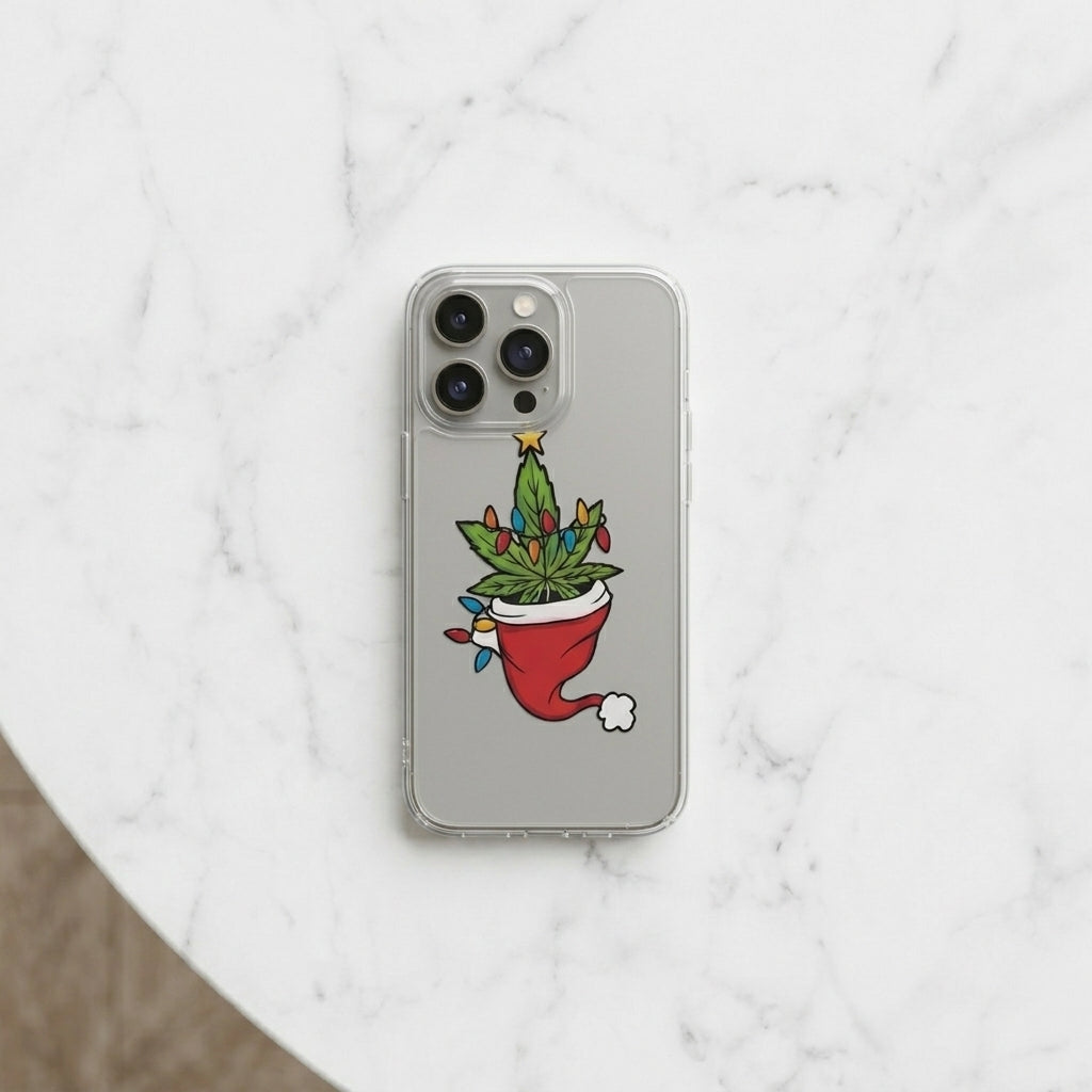 Festive Weed Christmas Tree Graphic Clear Case Funny Holiday Hat Leaf Protective Phone Cover for iPhone