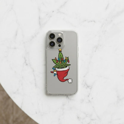 Festive Weed Christmas Tree Graphic Clear Case Funny Holiday Hat Leaf Protective Phone Cover for iPhone