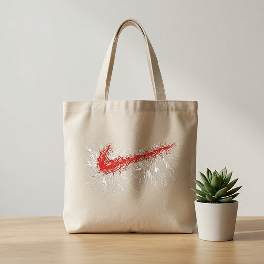 Abstract Root & Vein Swoosh Canvas Tote Bag - Artistic Red & White Graphic Shoulder Bag