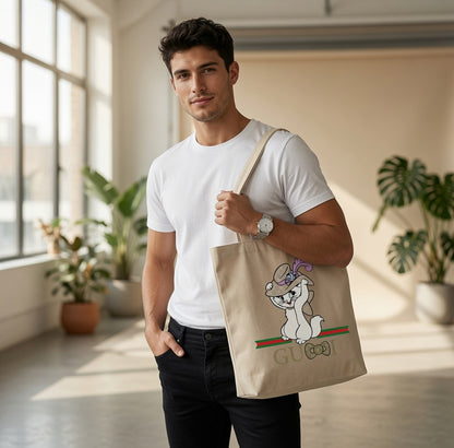 Elegant White Kitten Graphic Canvas Tote Bag - Umbrella & Stripe Design