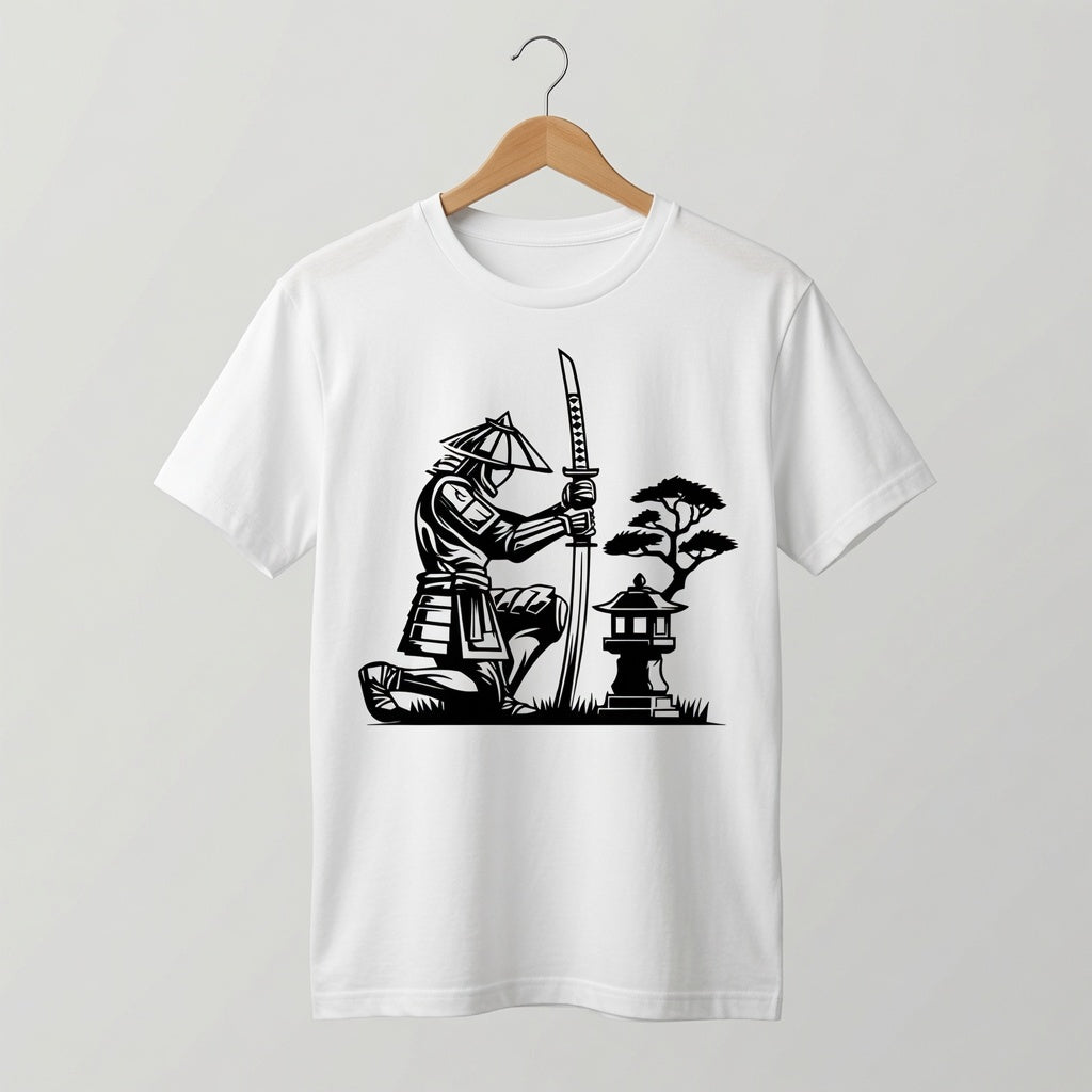 Samurai Kneeling T-Shirt Japanese Lantern Graphic Tee White