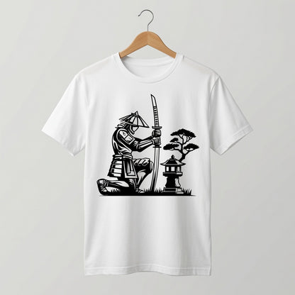 Samurai Kneeling T-Shirt Japanese Lantern Graphic Tee White