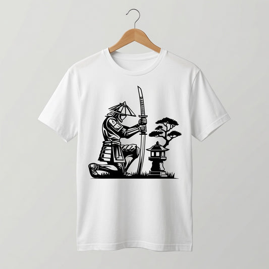 Samurai Kneeling T-Shirt Japanese Lantern Graphic Tee White