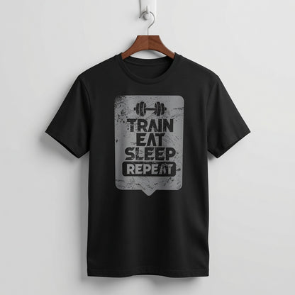"Train Eat Sleep Repeat" Distressed Fitness Graphic Tee